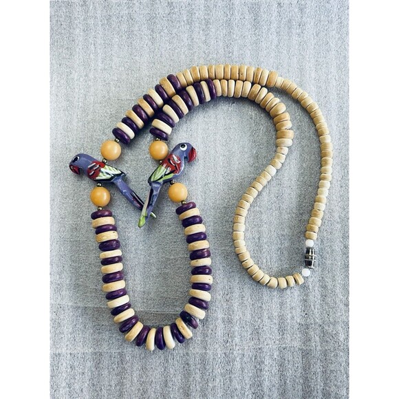 VTG '80s Boho Clay Disk Necklace 22" w/ Hand-Carved Parrot Beads & Brass Spacers - Picture 2 of 8